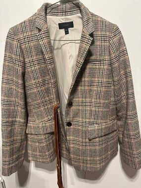 J. Crew Neutral Plaid Blazer with Pink and Yellow Overcheck